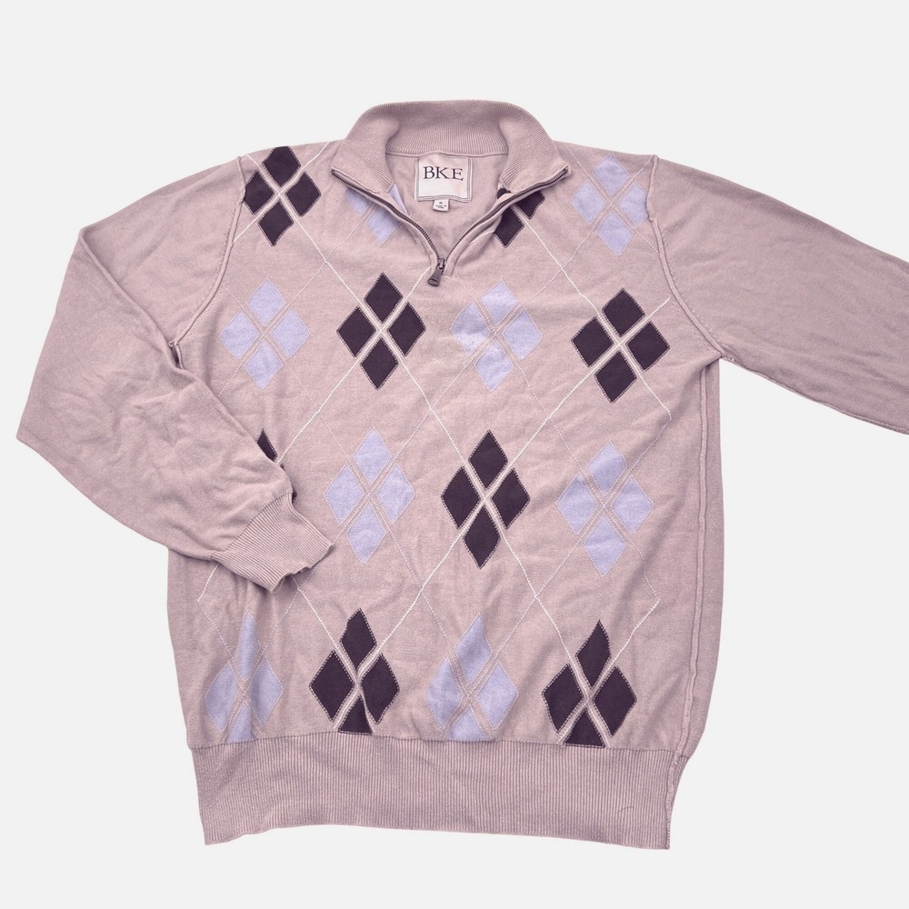 BKE Mens Argyle Pullover Sweater XL Beige 1/4 Zip 100% Cotton‎ Casual Knit